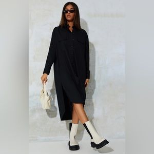 Black Drop Hem Deep Pocket Midi Shirt Dress